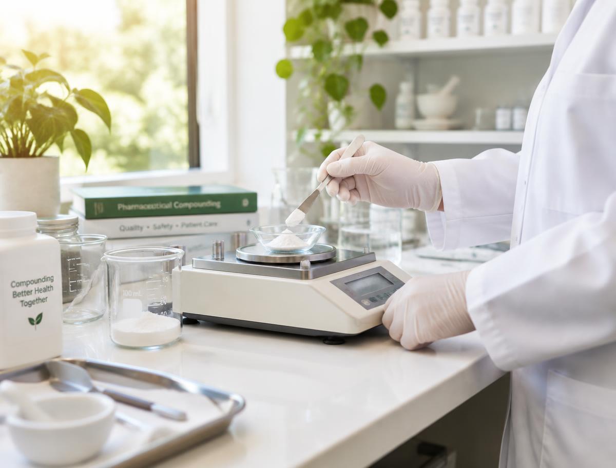 Farmacêutico pesando insumos em balança de precisão no laboratório